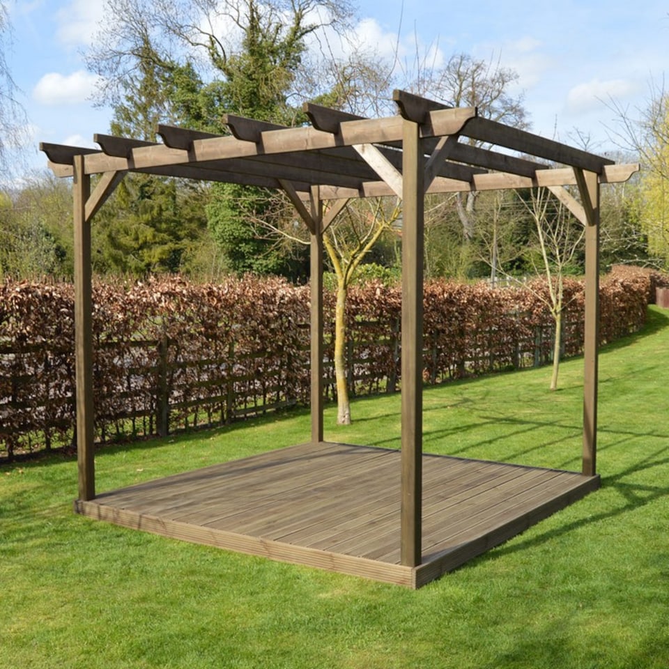 image 1 of Garden Pergola and Decking Kit - Wood - L420 x W420 x H270 cm - Rustic Brown