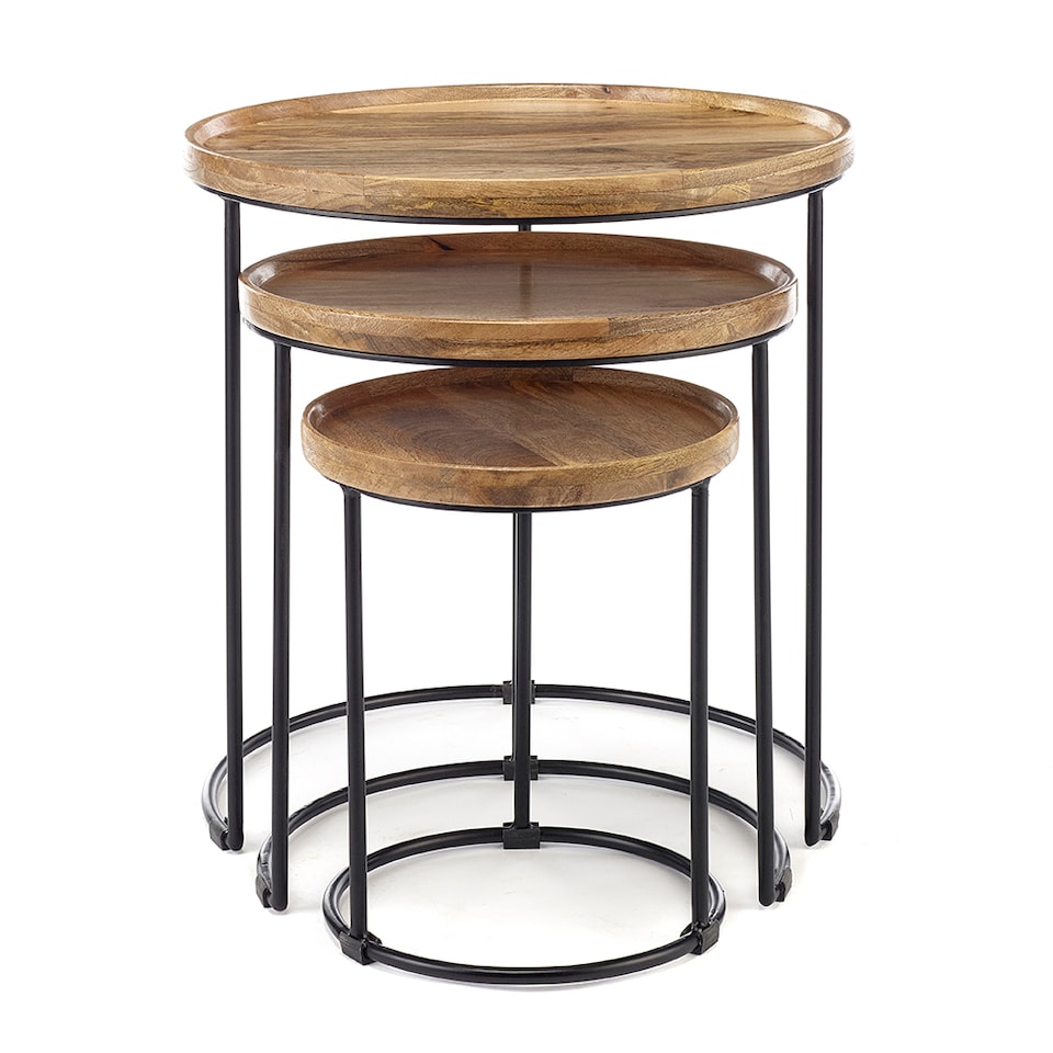 image 1 of Round Nest Of Three 3 Tables End Lamp Light Solid Mango Wood Black Metal Frame 57cm H x 54cm W x 54cm D