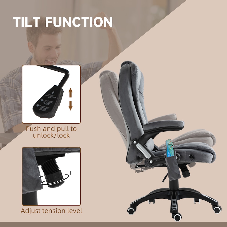 image 1 of Vinsetto Office Chair, Desk Chair with 6-Point Massage and Back Heated, Velvet-Feel Fabric Computer Chair with Arms, Lumbar Support, Gray
