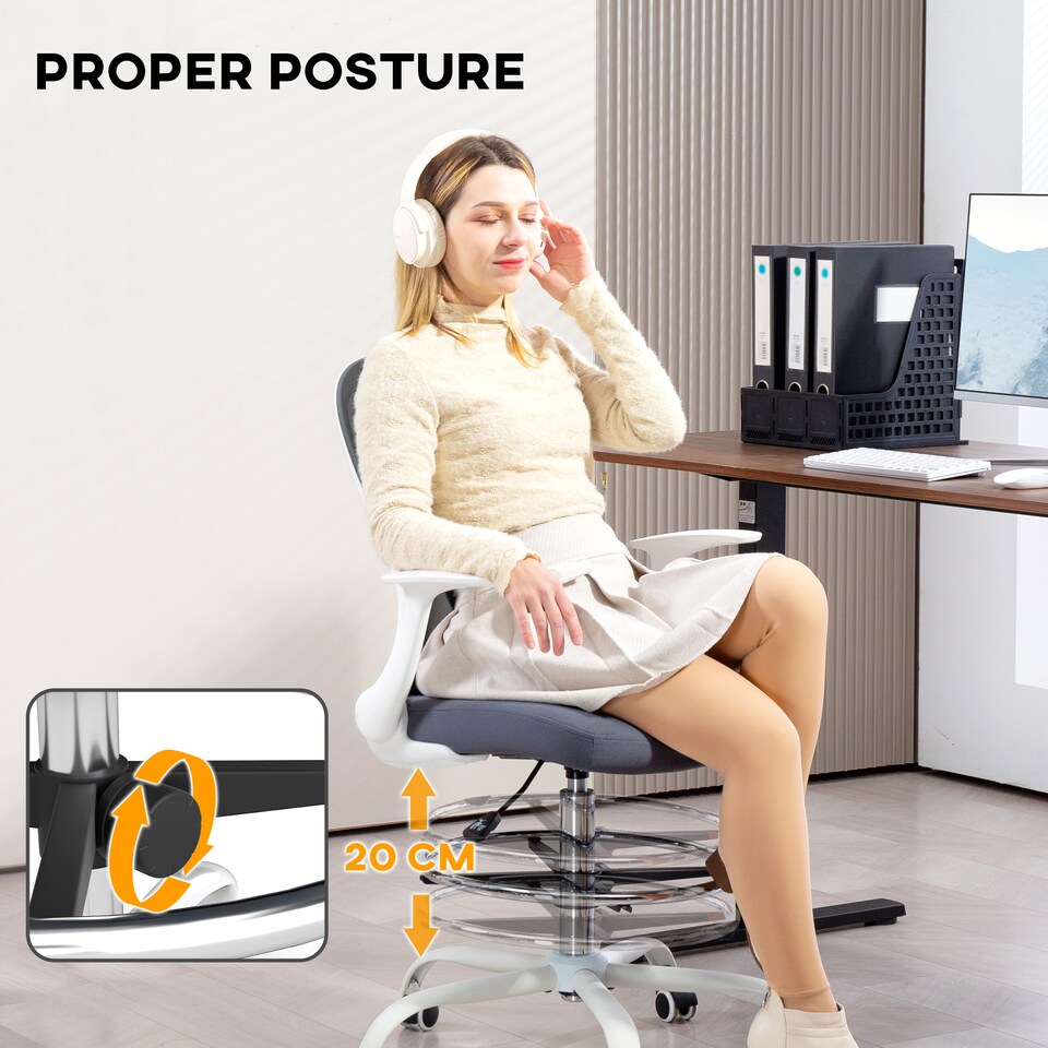 image 1 of HOMCOM Drafting Chair, Ergonomic High Office Chair with Flip-up Armrest, Mesh Back, Lumbar Support, Adjustable Foot Ring, Swivel Wheels, for Standing Desk, Grey | Grey