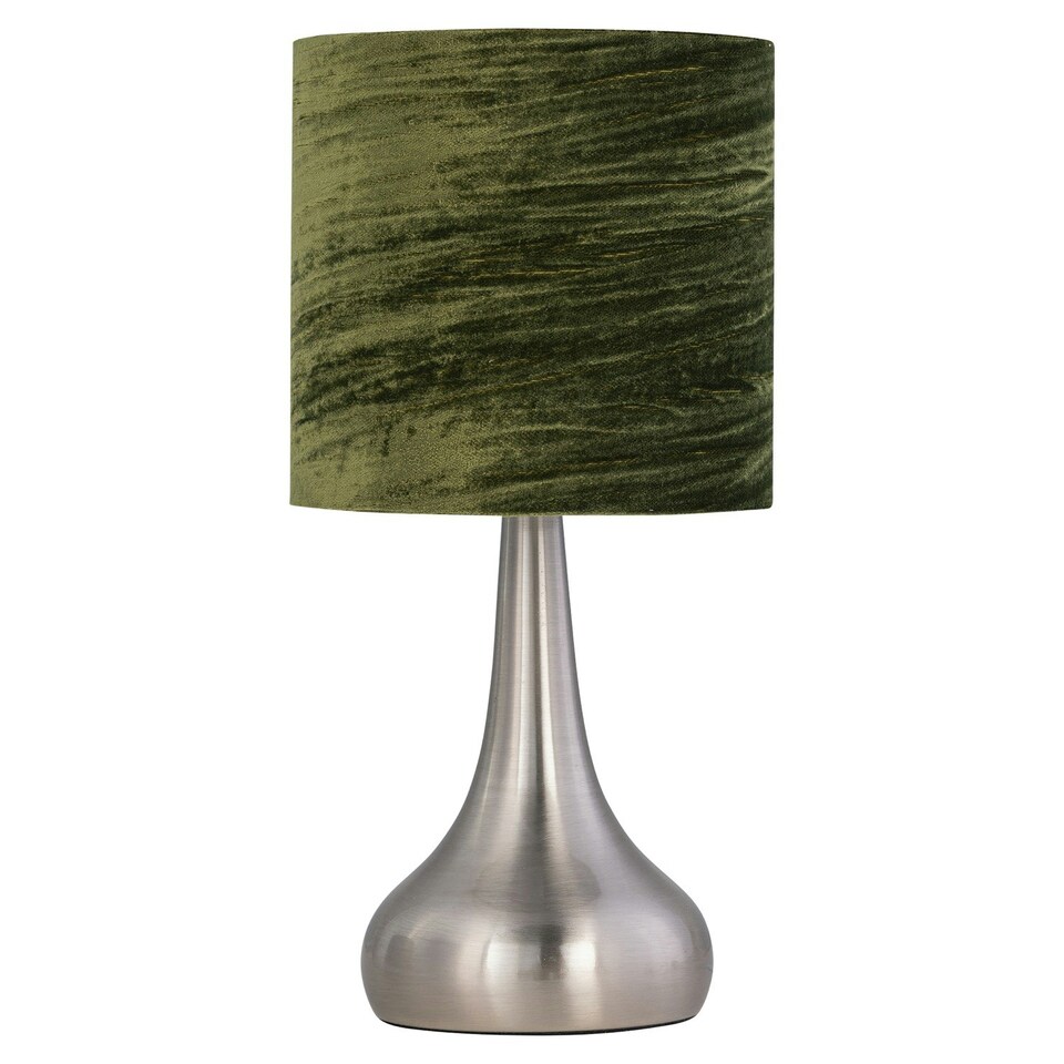 image 1 of Set of 2 Romana - Brushed Chrome Touch Operated Table Lamps Bedside Lights Dark Green Crushed Velvet Shade Silver | Green