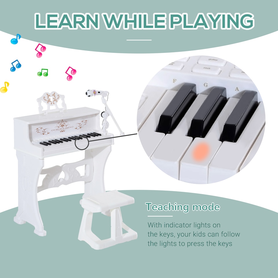image 1 of HOMCOM 37 Keys Kids Piano Mini Electronic Keyboard Light Kids Musical Instrument Educational Game Children Grand Piano Toy Set w/Stool & Microphone & Music Stand (White) | White