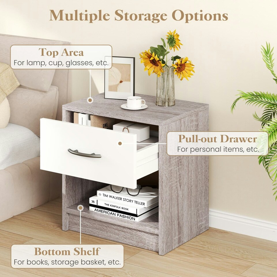image 1 of COSTWAY Bedroom Nightstand 3-Tier Table w/Drawer Light Grey Grey