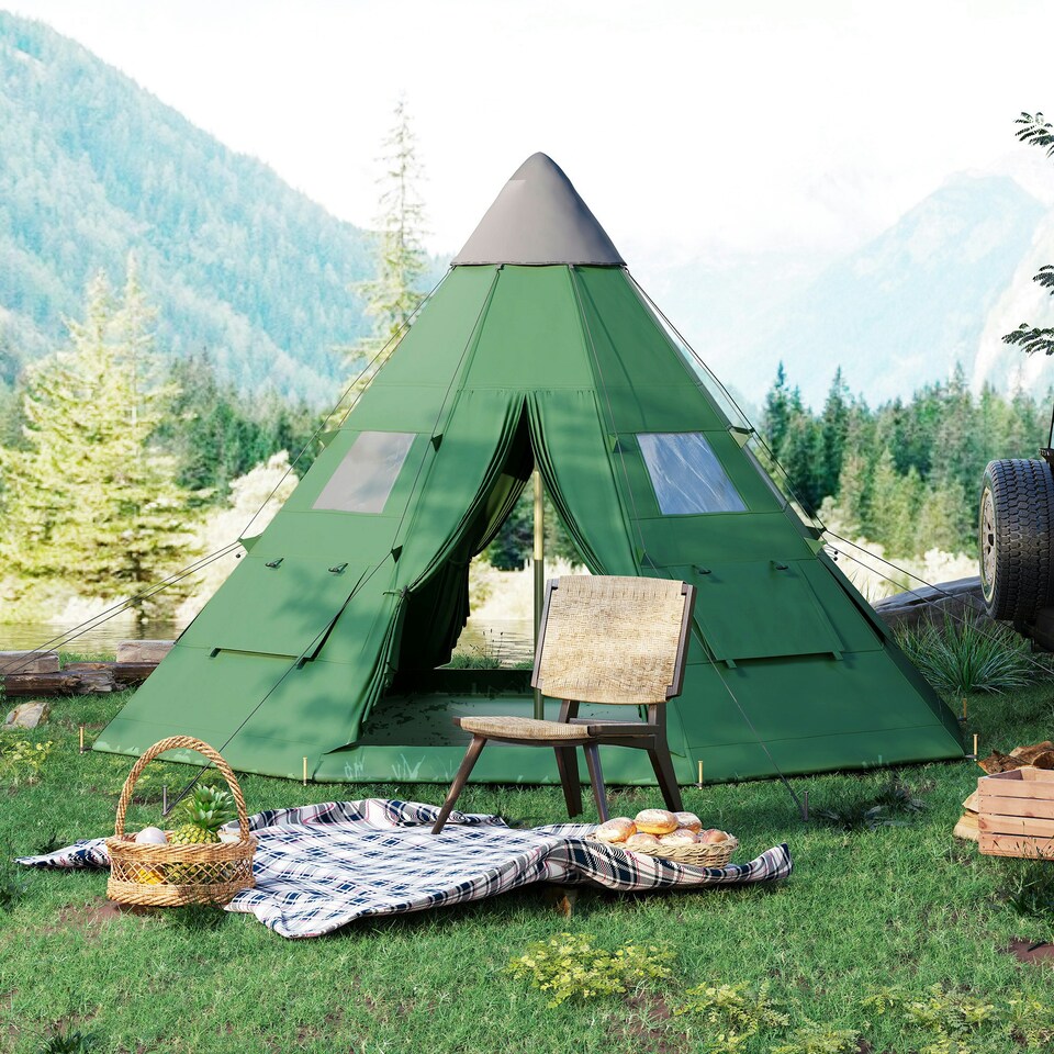 image 1 of Outsunny 6-7 Person Large Family Party Camping Tent W/ Carrying Bag Green