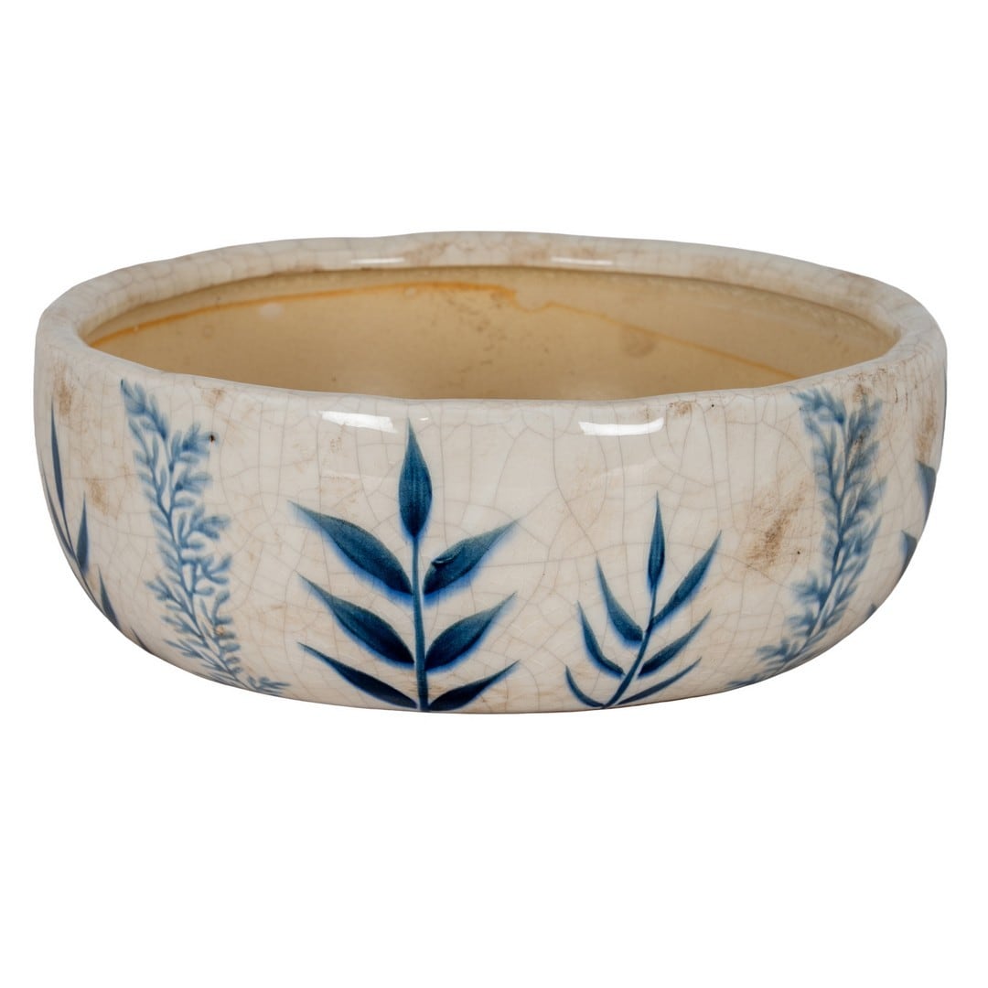 Four Candle Small Blue Flora Bowl Pot Decorative Home Accessory in Off-White
