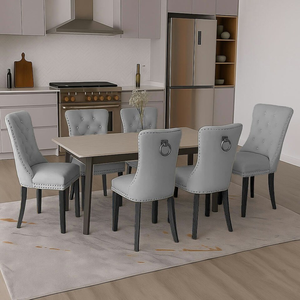 image 1 of Grey Set of Six Studded Velvet Dining Chair with Ring Knocker Detail Grey | Dark Grey