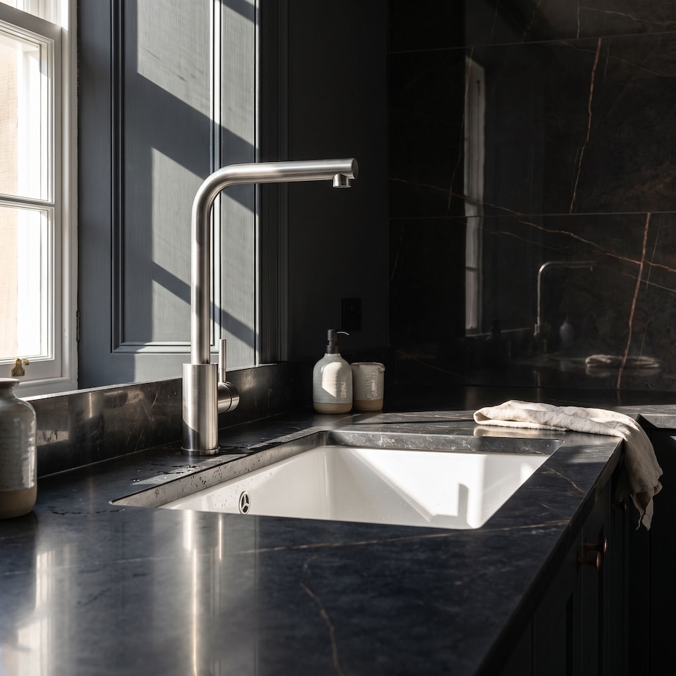 image 1 of Balterley Modern L-Neck Single Lever Kitchen Sink Mixer Tap - Top Fix Installation | Grey | Brushed Steel | 1