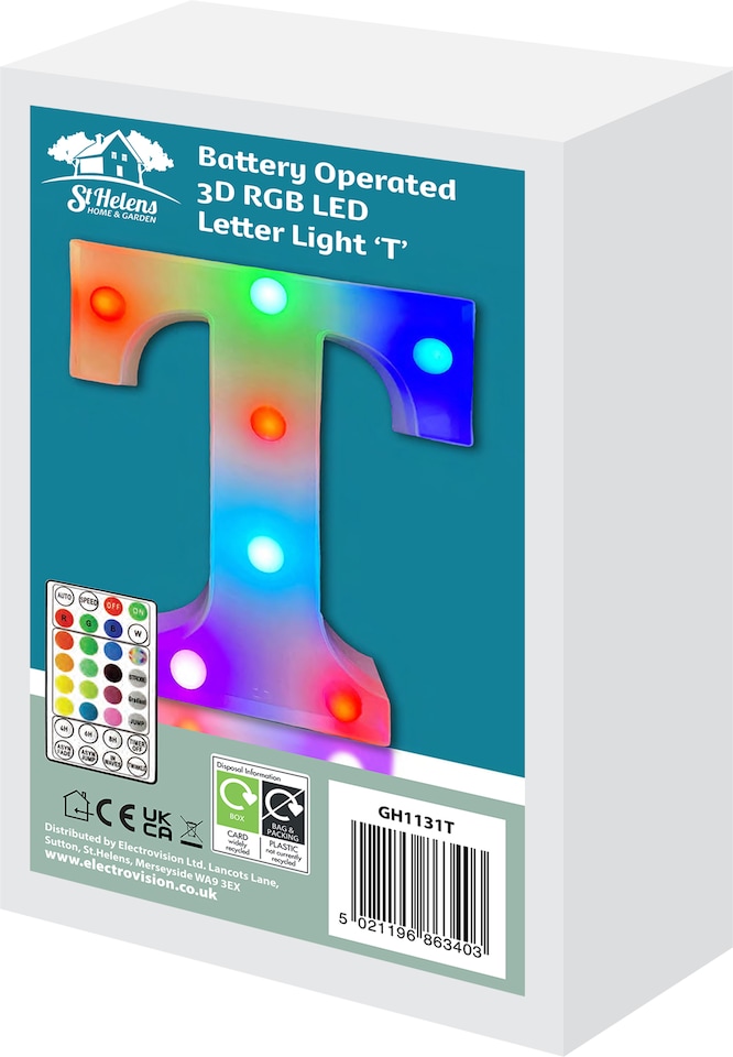 image 1 of Battery Operated RGB Letter   With Remote Control Letter T