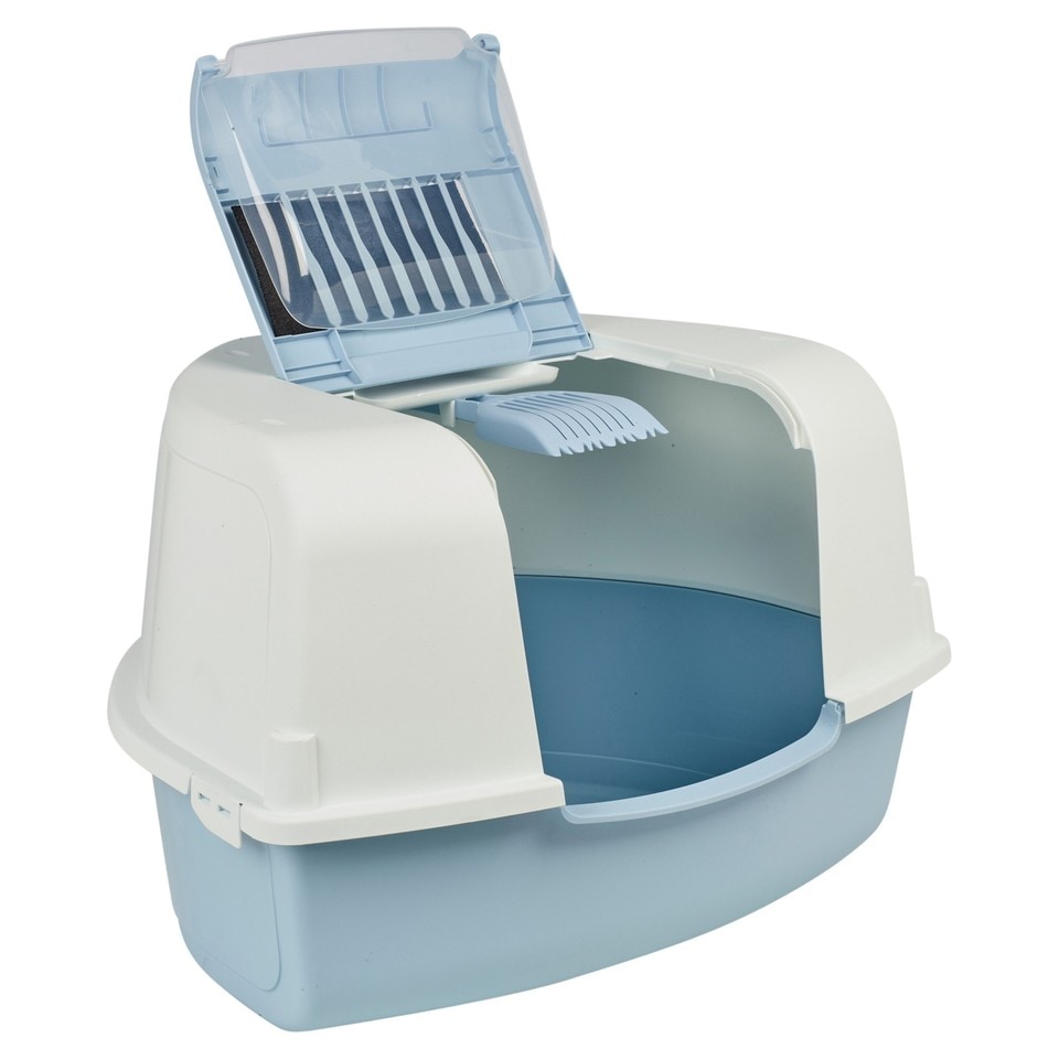 image 1 of Large Cat Corner Litter Tray Hooded Deep Cover Toilet Flap Box with Filter & Scoop | Blue | Light Blue | 1