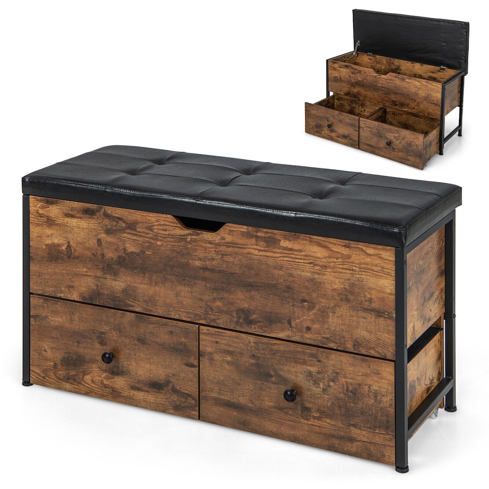 image 1 of COSTWAY Storage Ottoman Bench Flip Top Storage Chest with 2 Drawers Wooden Storage Bench