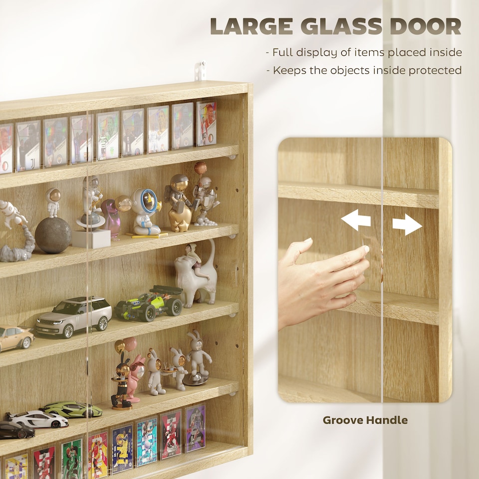 image 1 of HOMCOM 5-Tier Wall Display Shelf Unit Cabinet w/ Shelves Glass Doors Oak | White