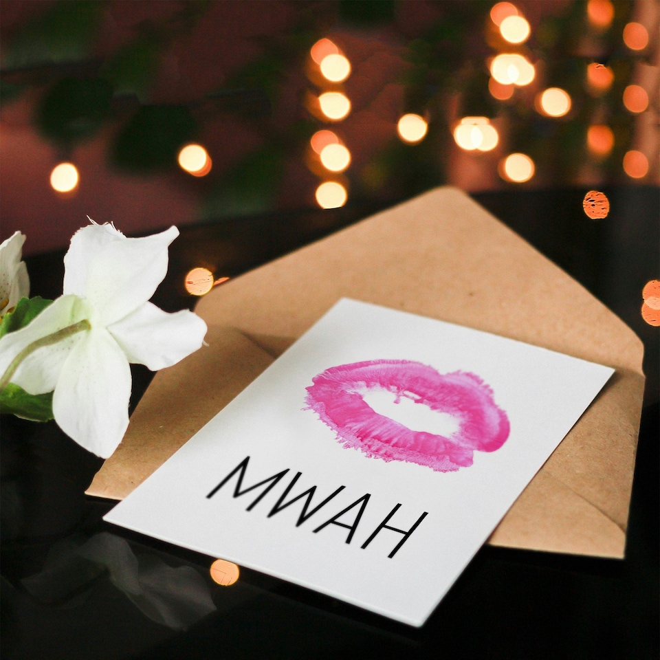 image 1 of Anniversary Card Mwah Lips Hot Pink Kiss Mark Romantic Love