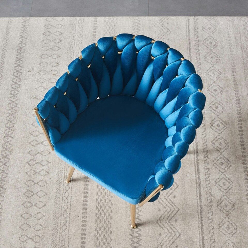 image 1 of Single Roma Knot Velvet Armchair with Gold Metal Legs, Modern Tufted Design for Living Room Blue