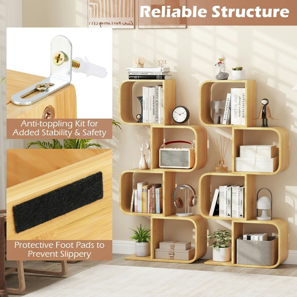 image 1 of COSTWAY 4-TierS-Shaped Bookcase, Bamboo Bookshelf Brown