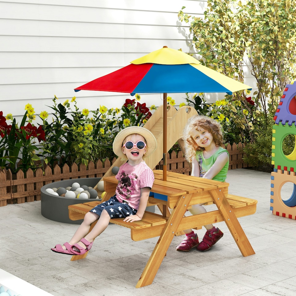 image 1 of Outsunny Kids Picnic Table Set w/ Sand and Water, Removable Parasol - Brown