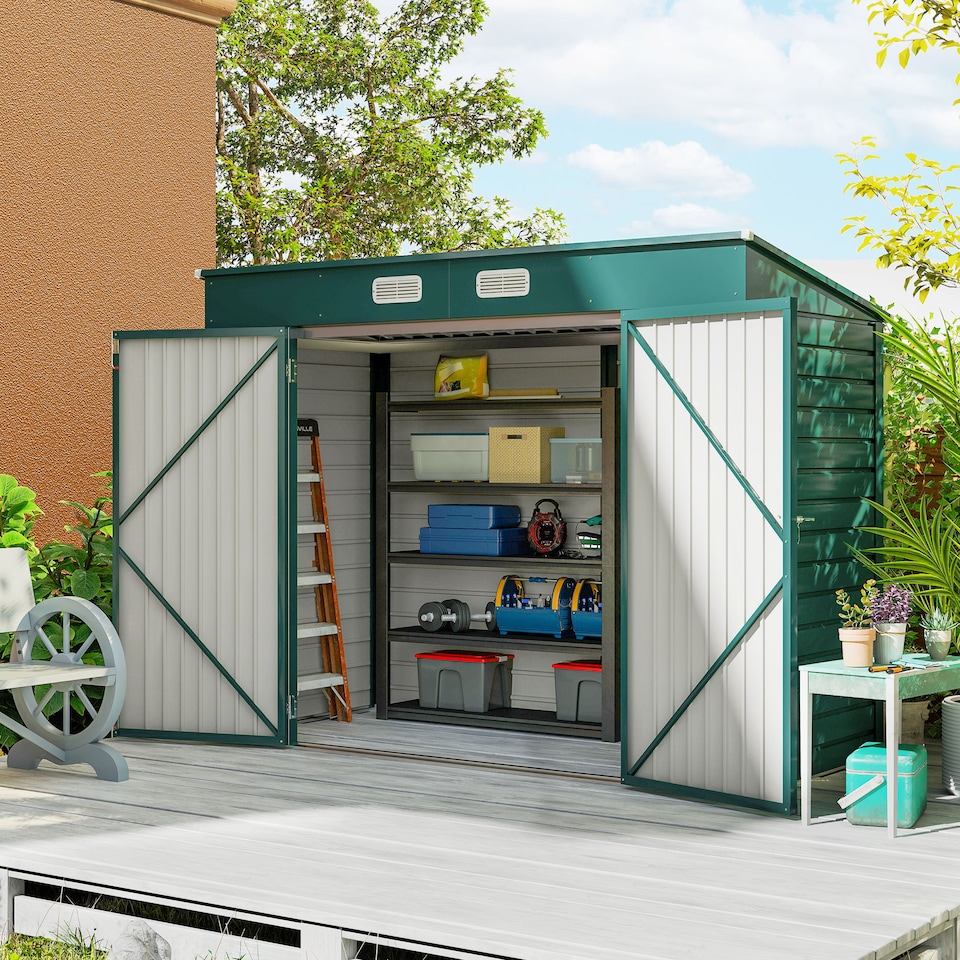 image 1 of Outsunny 8 x 4FT Garden Shed, Galvanised Metal Shed, Easy to Assemble, Outdoor Tool Storage Shed with Pent Roof, Lockable Door and 2 Vents, Green