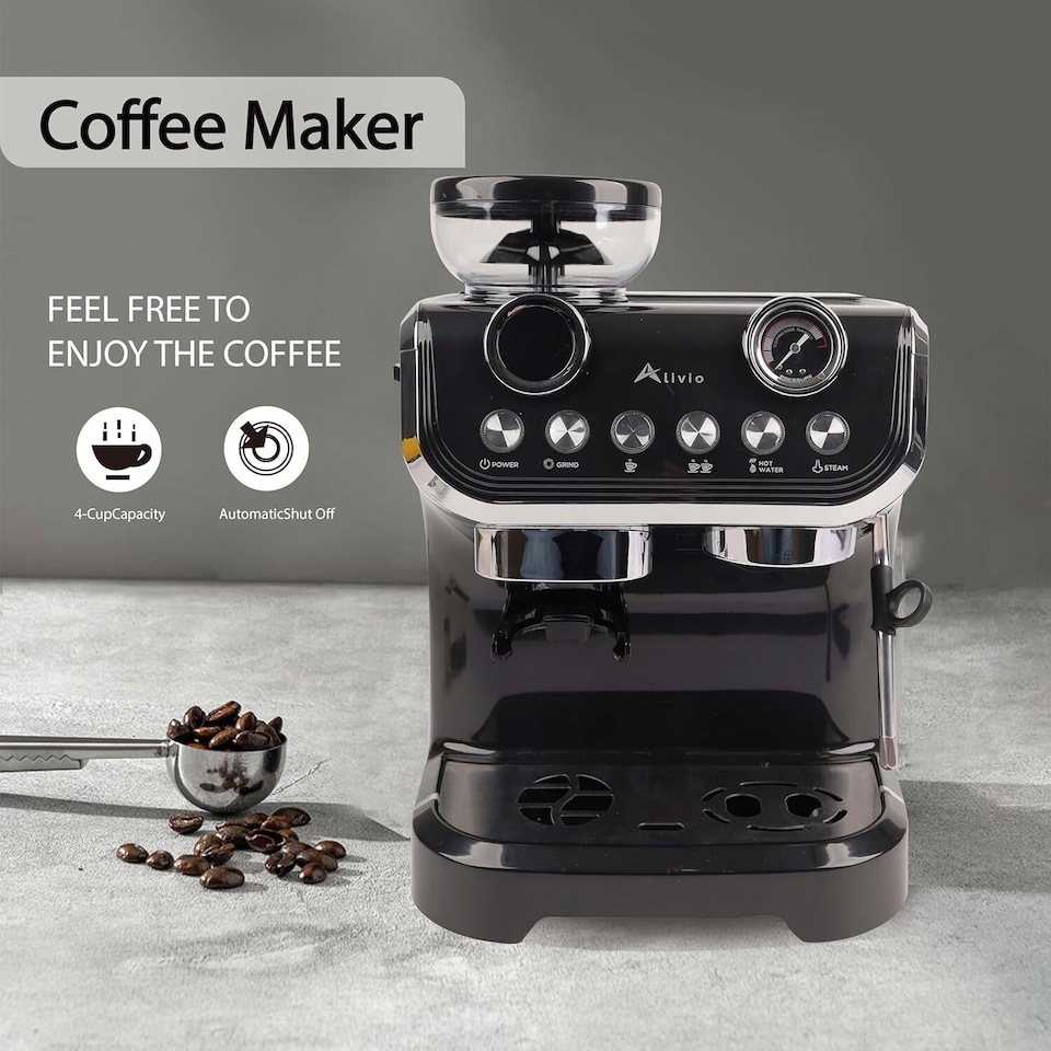 image 1 of Alivio 2L Bean to Cup Coffee Machine, 1450W Automatic Espresso & Cappuccino Maker with Built-in Grinder and Milk Frother for Home & Office