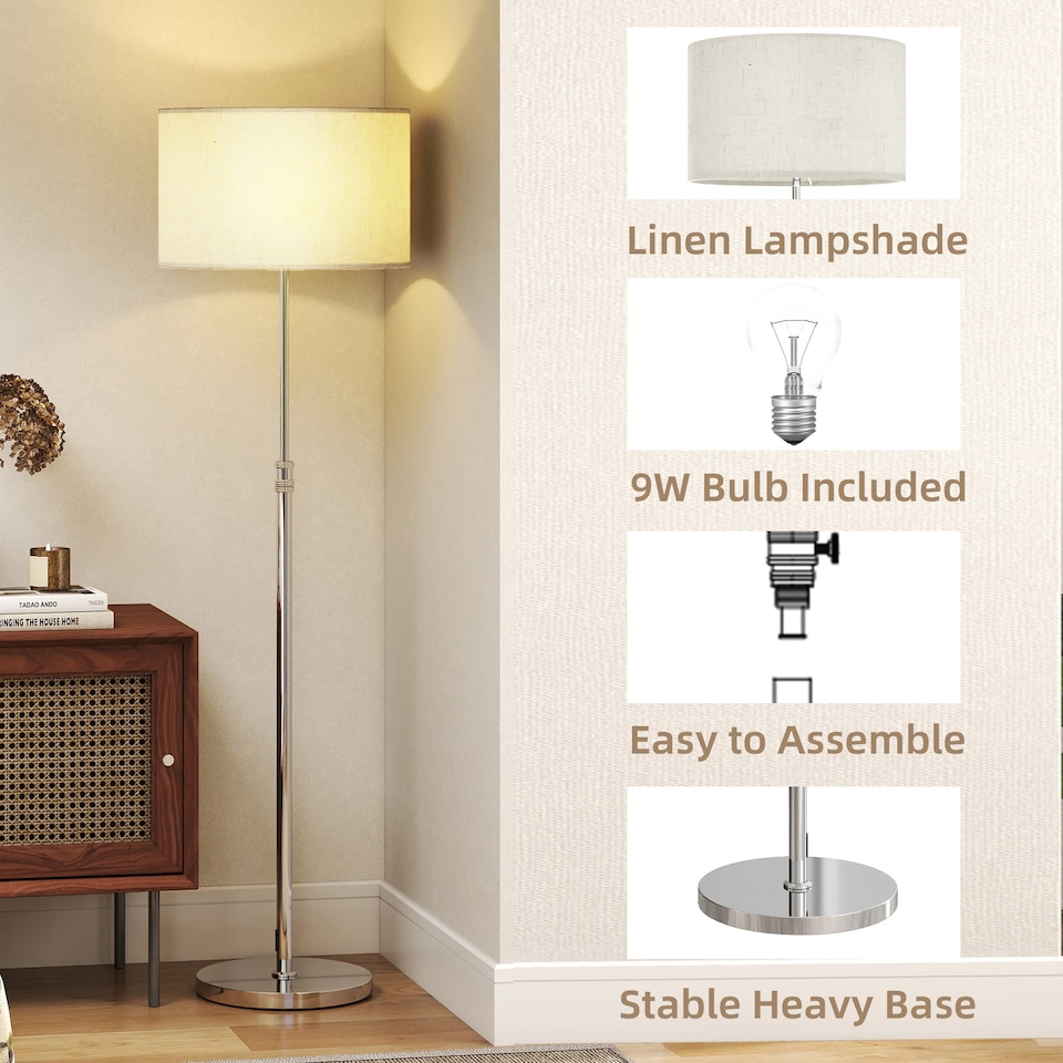 image 1 of HOMCOM Floor Lamp with Remote, Height Adjustable Standing Lamp with Linen Shade, Dimmable with 3000K-6000K Adjustable Colour Temperatures, Foot Switch for Living Room Bedroom Office, Silver Tone | Silver