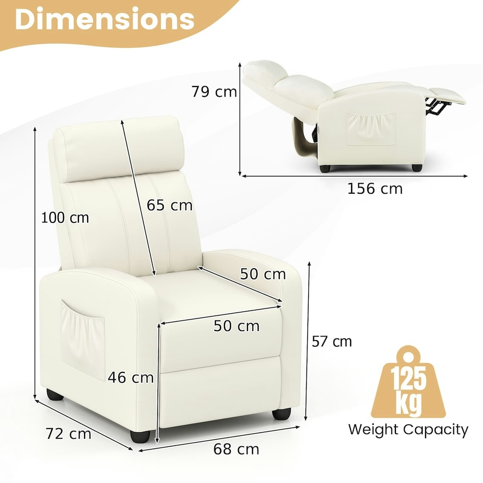image 1 of COSTWAY Recliner Chair Single Sofa with Adjustable Backrest White White