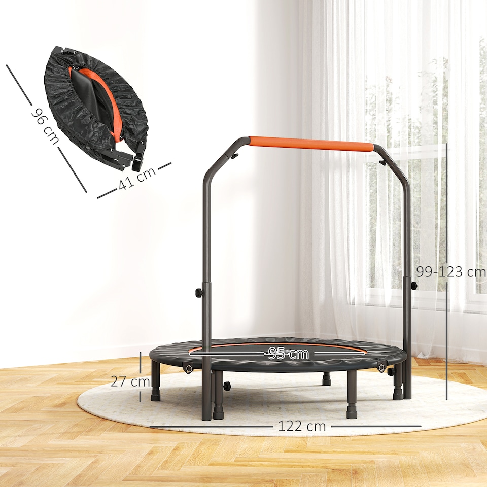 image 1 of HOMCOM 48" Foldable Mini Trampoline Fitness Trampoline Rebounder for Adults with Adjustable Foam Handle, for Indoors, Outdoors, Cardio Training, Orange | Orange