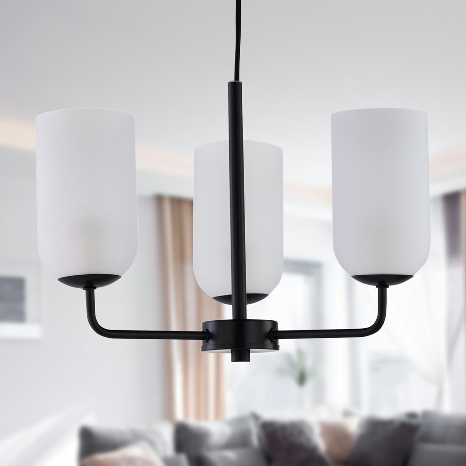 image 1 of Victoria - Black 3 Arm Ceiling Pendant with Frosted Glass Shade Black | White