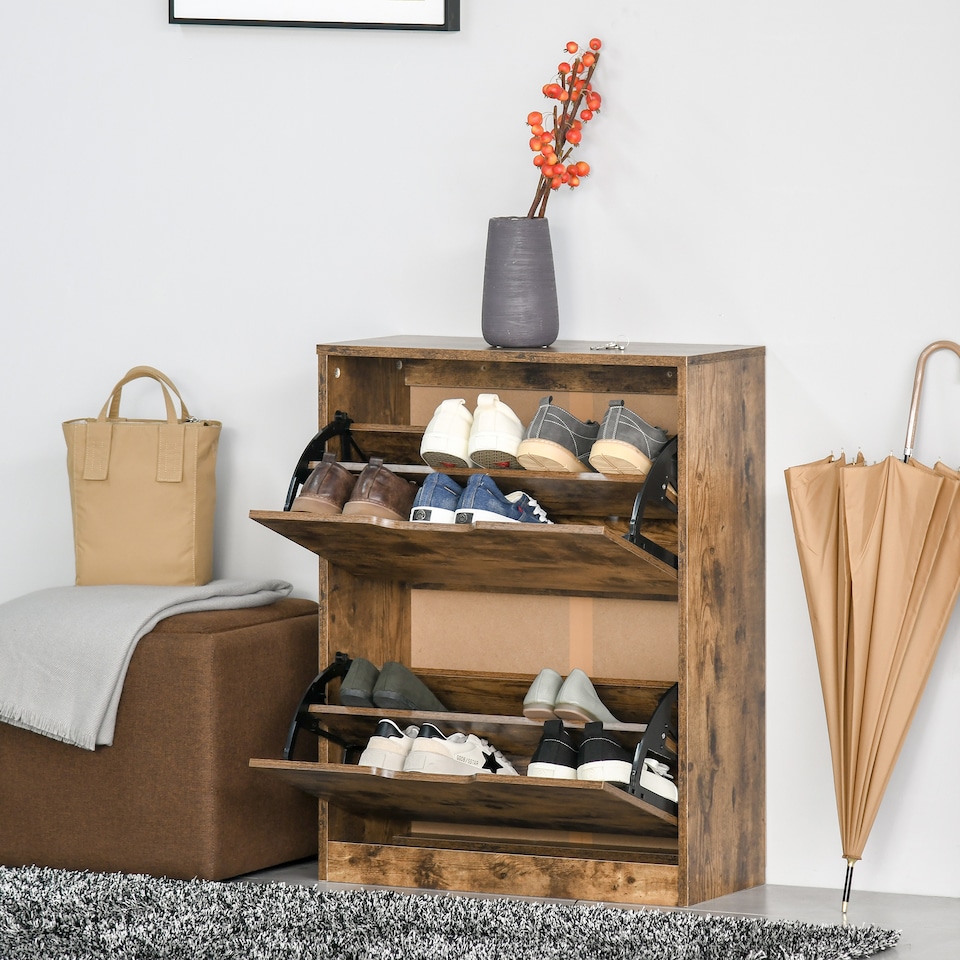 image 1 of HOMCOM Industrial Shoe Cabinet with 2 Flip Drawers, Narrow Shoe Storage Cabinet for 12 Pairs, Freestanding Slim Shoe Storage Organiser for Entryway, Hallway, Rustic Brown