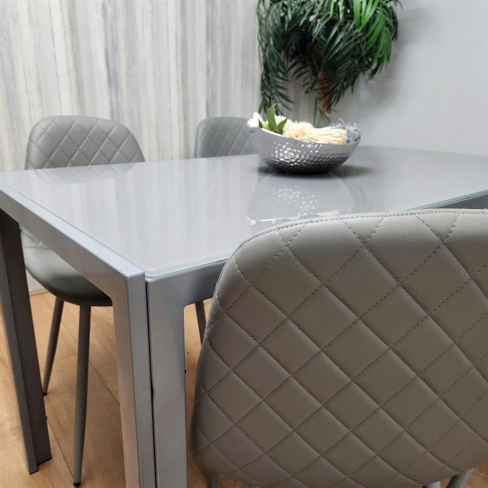 image 1 of Glass Dining table and 4 grey leather chairs Grey Glass Table And 4 Chairs kitchen dining room furniture Grey