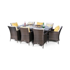 Savannah Fire Pit 8 Seater Rectangle Rattan Dining Set | Brown | Brown