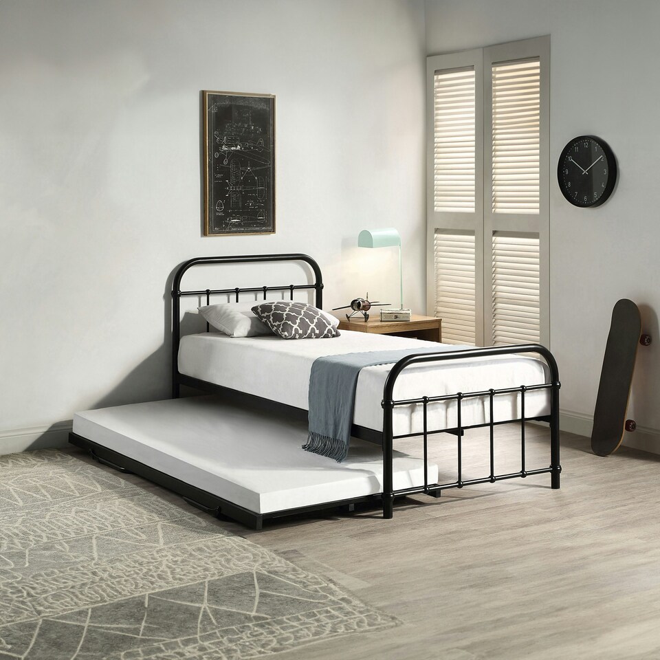 image 1 of Tewin Vintage Hospital Style Single Black Metal Bed Frame w Guest Trundle