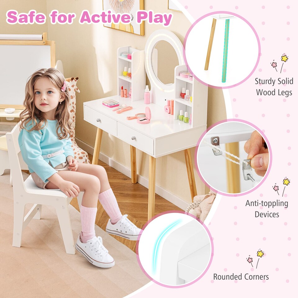 image 1 of COSTWAY Kids Vanity Set Princess Vanity Desk Set White