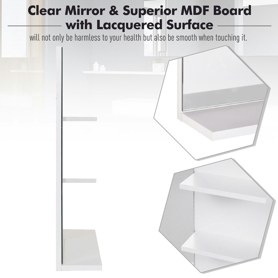 image 1 of kleankin Bathroom Mirror Wall Mount Vanity Mirror with 3 Storage Shelves, White