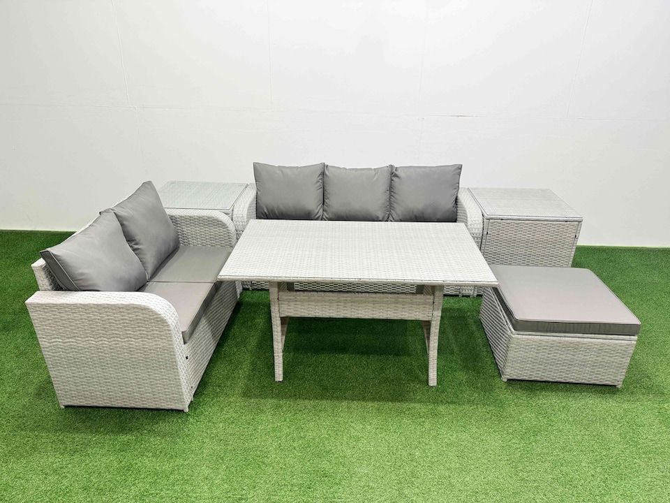 image 1 of Fimous 6 Seater PE Rattan Wicker Garden Furniture Patio Conservatory Sofa Set with Rectangular Dining Table 3 Seater Sofa Love Sofa Big Footstool 2 Side Table