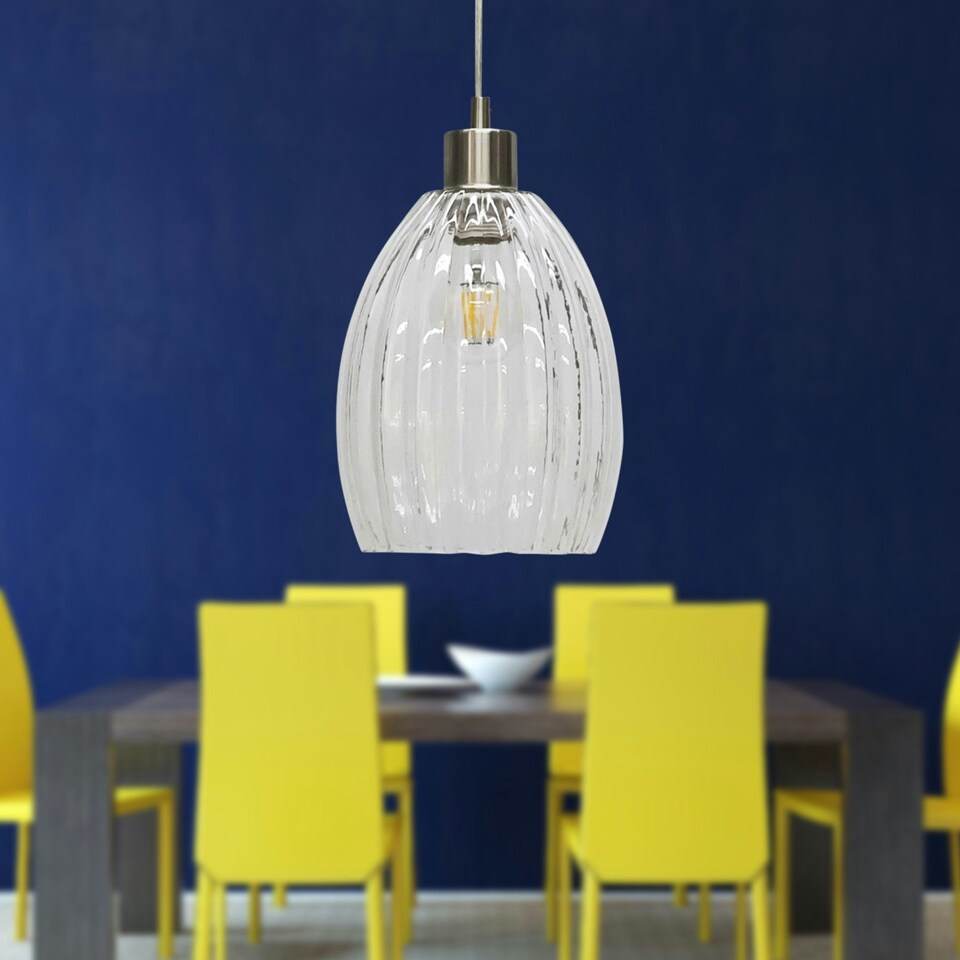 image 1 of First Choice Lighting Set of 2 Birch Clear Fluted Glass with Satin Nickel Pendant Fittings Silver | Clear