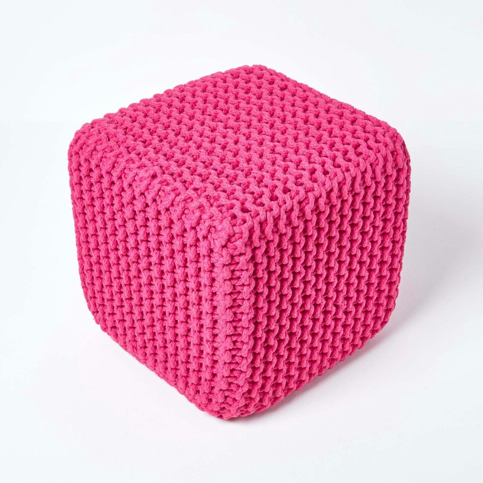 image 1 of Homescapes Hot Pink Cube Cotton Knitted Pouffe Footstool