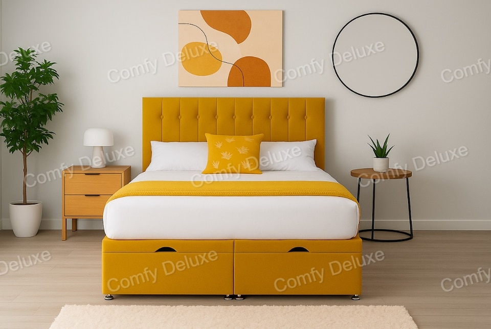 image 1 of Divan Mustard Plush Velvet Ottoman Foot Lift 4ft Small Double Bed Set with Headboard and Mattress