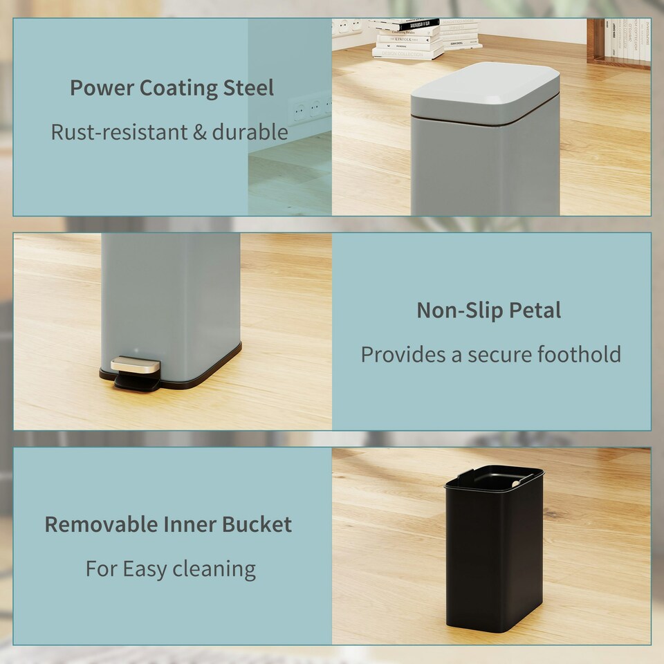 image 1 of HOMCOM 5L Rectangle Compact Bin Steel Body Inner Bucket Quiet-Close Lid w/Pedal | Grey | 5L | 1