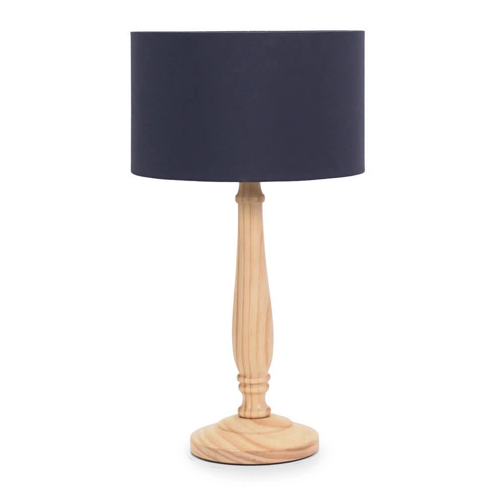 ValueLights Victoria Light Wood Traditional Stem Table Lamp with Fabric Drum Shade in Navy