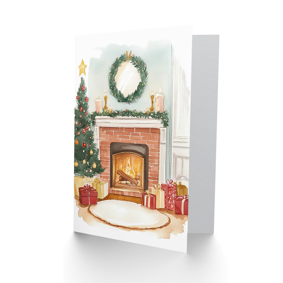 image 1 of Brick Fireplace Presents Tree Wreath Blank For Him Or Her Art Xmas Festive Christmas Card