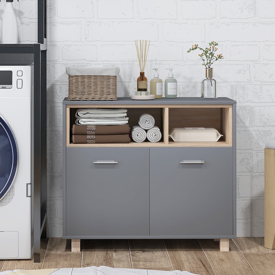 image 1 of HOMCOM Bathroom Cabinet, Bathroom Storage Unit, Bathroom Storage Cabinet with Open Compartments and Double Doors | Grey | Grey
