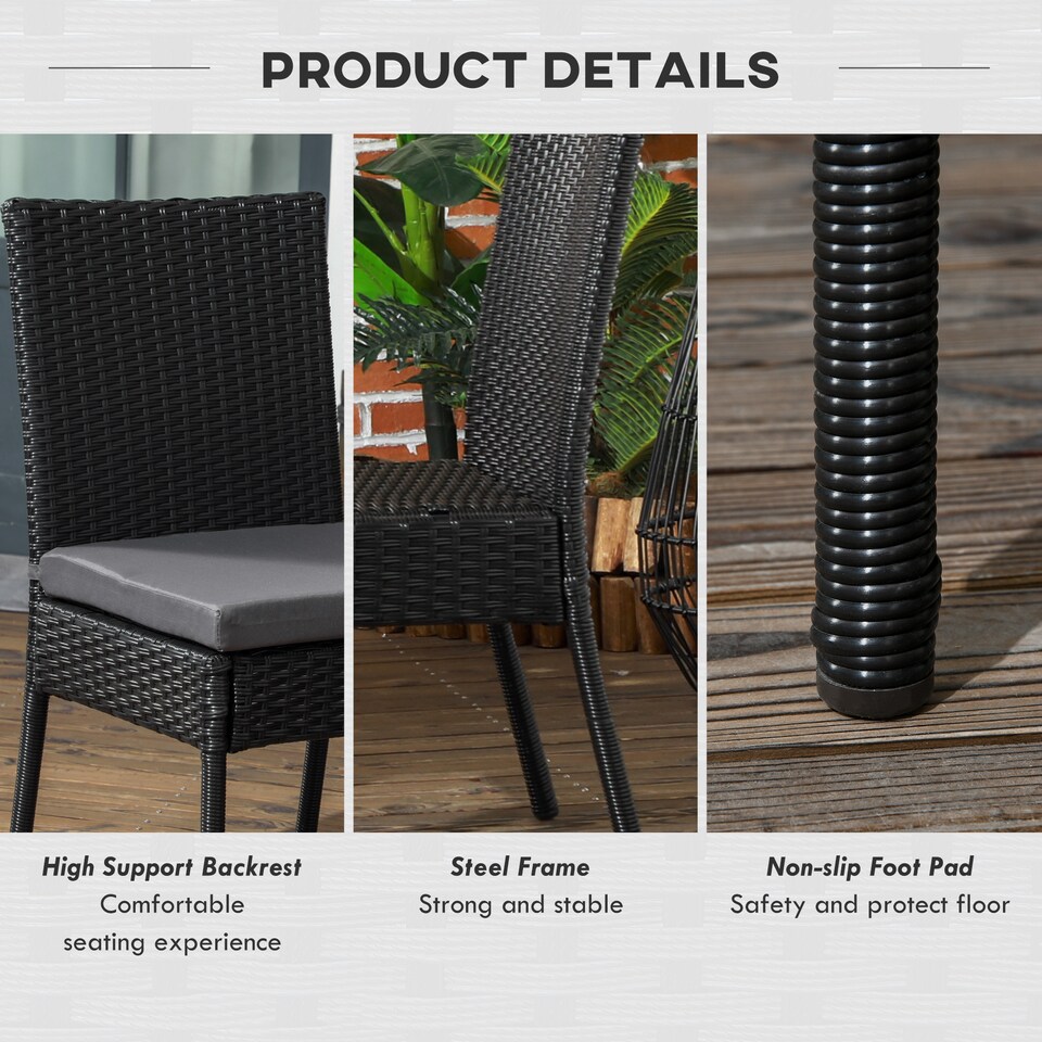 image 1 of Outsunny 4 Pieces PE Rattan Garden Chairs with Cushion, Patio Wicker Dining Chairs with Backrest for Patio, Deck, Garden, Black