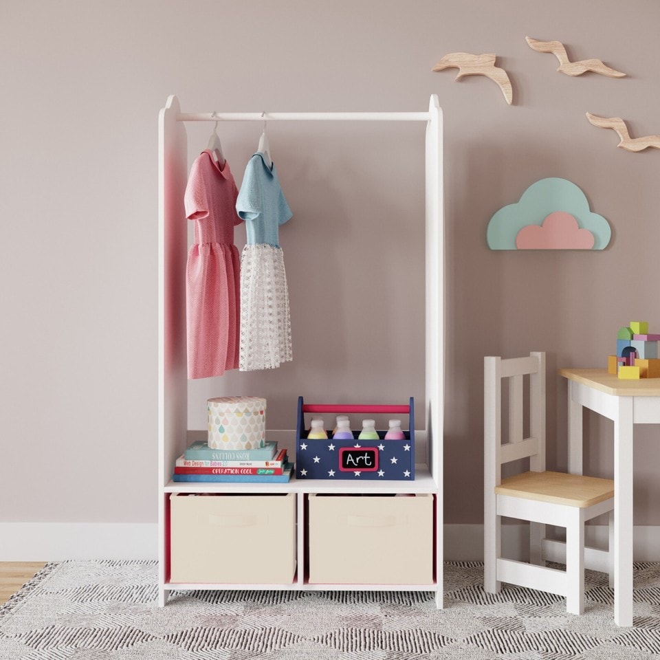 image 1 of Kids MDF Wooden Hanging Clothes Rail Wardrobe Storage Shelves with Inserts Mirror | Cream | Cream