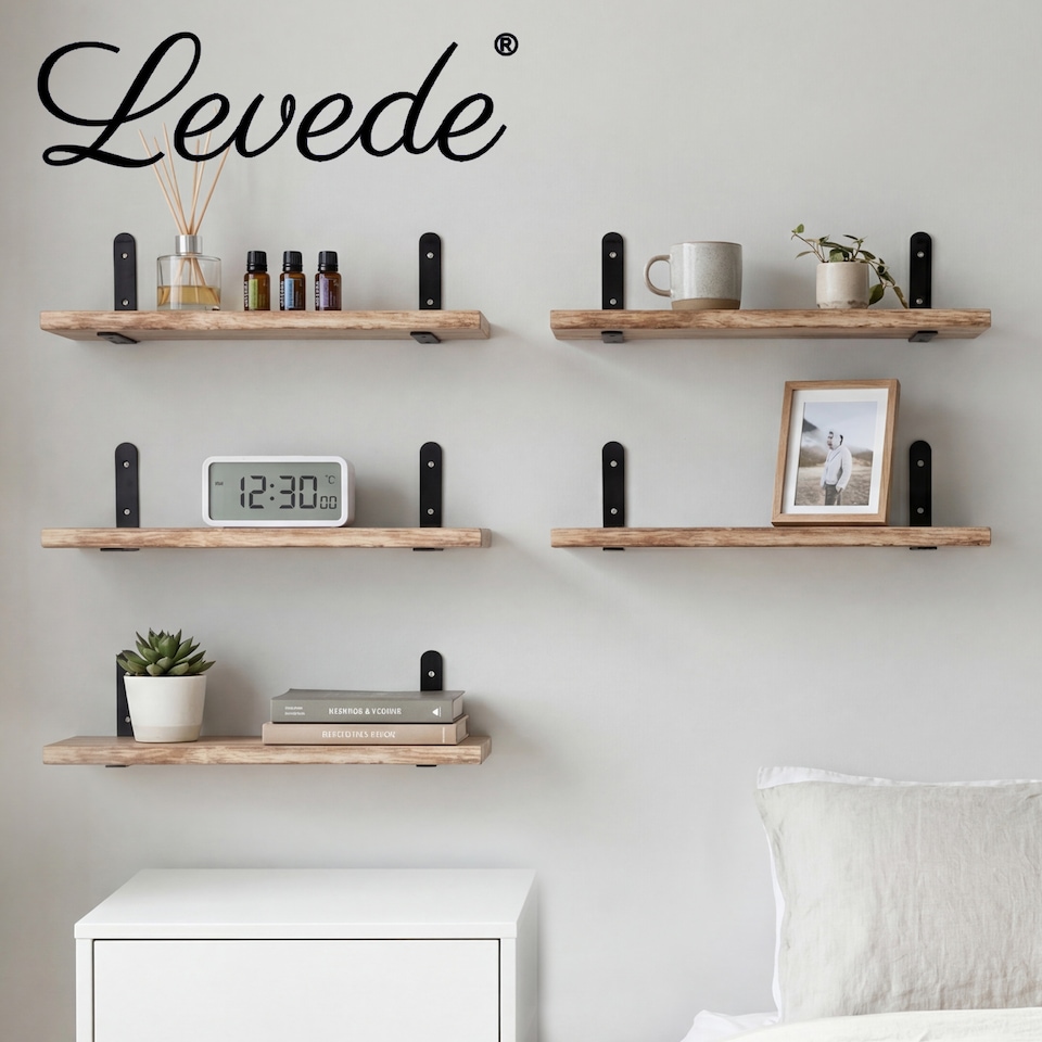 image 1 of Levede Floating Shelves Wood Wall Mounted Shelf Rustic Set of 5 Light Brown