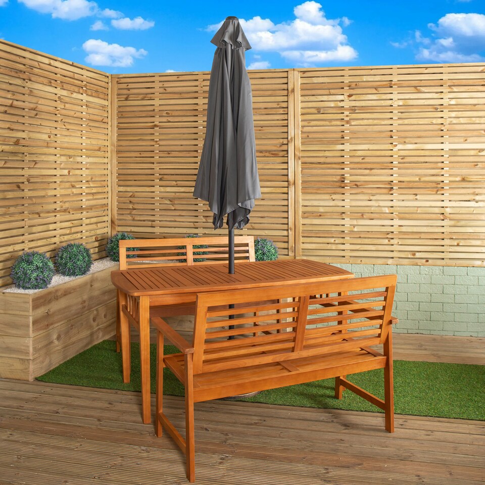 image 1 of Outdoor 4 Person Rectangular Wooden Garden Table, 2 Benches with Grey Havana Parasol & Base
