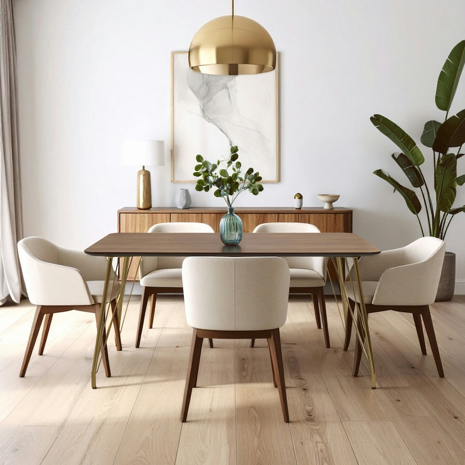 image 1 of Interiors By Premier Modern Dining Table With Natural Wood Effect Top, Sturdy Table For Guests, Minimalist Design Dining Table Brown