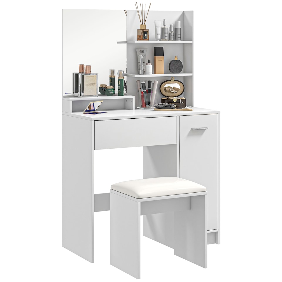 image 1 of HOMCOM Dressing Table with Mirror and Stool, Vanity Table, Modern Makeup Desk with Drawer, Storage Cabinet and Adjustable Shelf for Bedroom, White