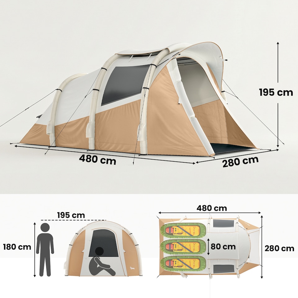 image 1 of Outsunny Inflatable Camping Tent w/ Air Pump, 2-3 Person Blow Up Tent | Brown | Khaki, Beige | 480 x 280 x 195 cm