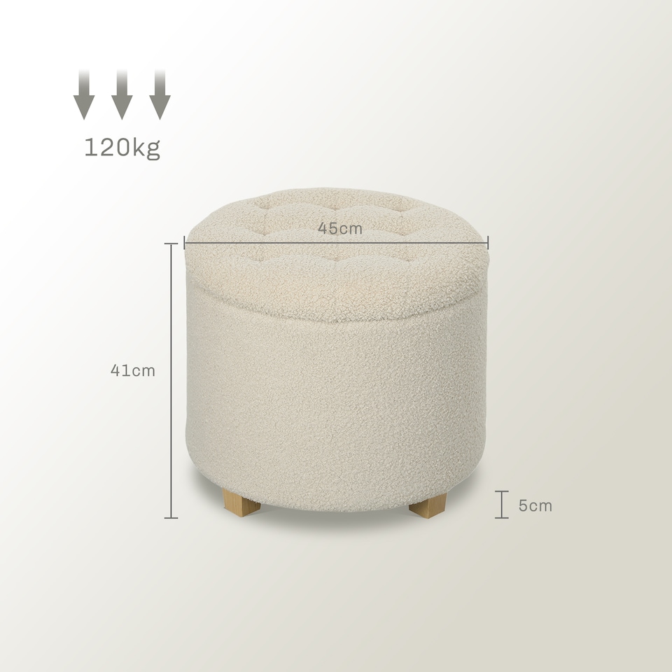 image 1 of HOMCOM 45cm Round Storage Ottoman, Teddy Fleece Footstool with Removable Lid and Wood Legs, Button Tufted Vanity Stool for Living Room Bedroom Hallway, Cream White | Cream