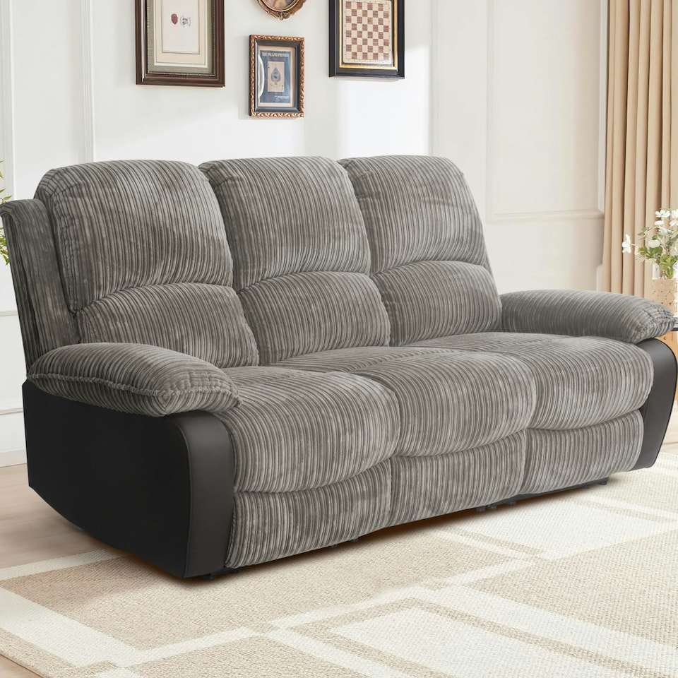 image 1 of Jumbo Cord 3 Seat Reclining Sofa In Grey
