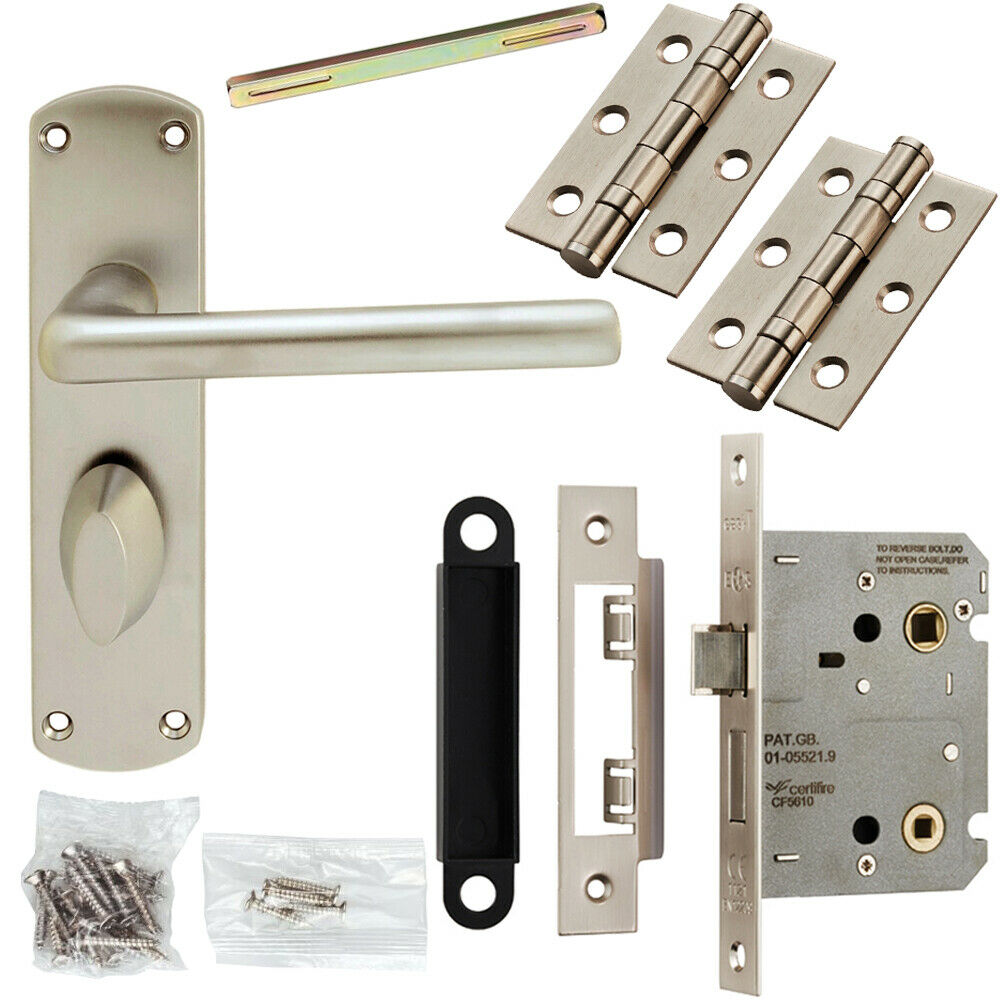 Loops Door Handle & Bathroom Lock Pack Satin Chrome Modern Round Straight Backplate