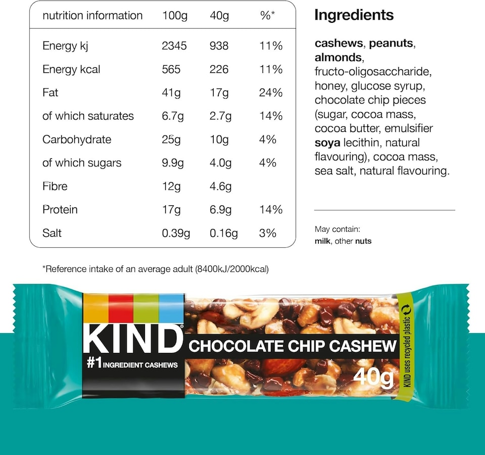 image 1 of KIND Bars, High Fibre, Gluten Free Snack Bars, Chocolate Chip Cashew, No Artificial Colours, Flavours or Preservatives 24 x 40g | Blue